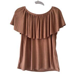 Chicos Brown Faux Suede Off-The-Shoulder Ruffled Blouse